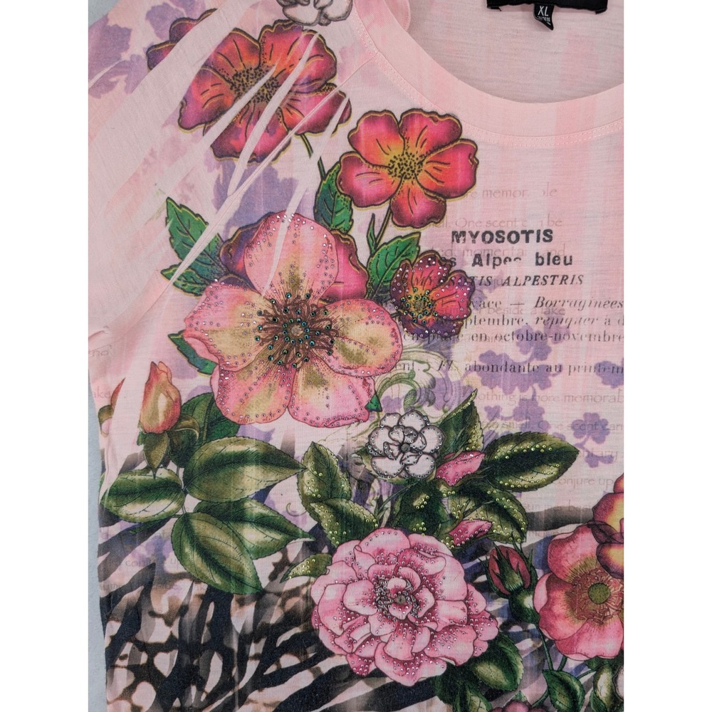 B.L.E.U. Womens Pink Mixed Print Floral Animal Rhinestone T-Shirt XL Y2K - Picture 3 of 9